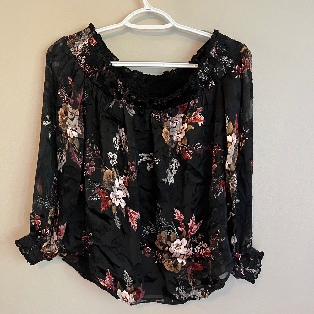 Black Floral Burnout Silk Lined Smocked Off Shoulder S Whimsigoth Boho Romantic
